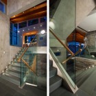 Modern Pender Interior Stunning Modern Pender Harbour House Interior With Glaring Ceiling Lights Concrete Staircase With Glass Railing Cushy Stone Puffs Architecture Stunning Waterfront House With Lush Forest Landscape