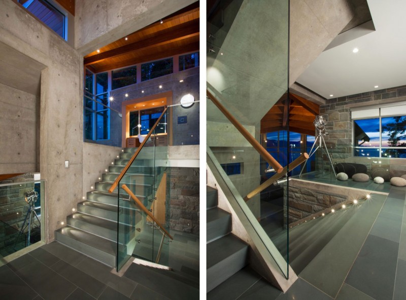Modern Pender Interior Stunning Modern Pender Harbour House Interior With Glaring Ceiling Lights Concrete Staircase With Glass Railing Cushy Stone Puffs  Stunning Waterfront House With Lush Forest Landscape