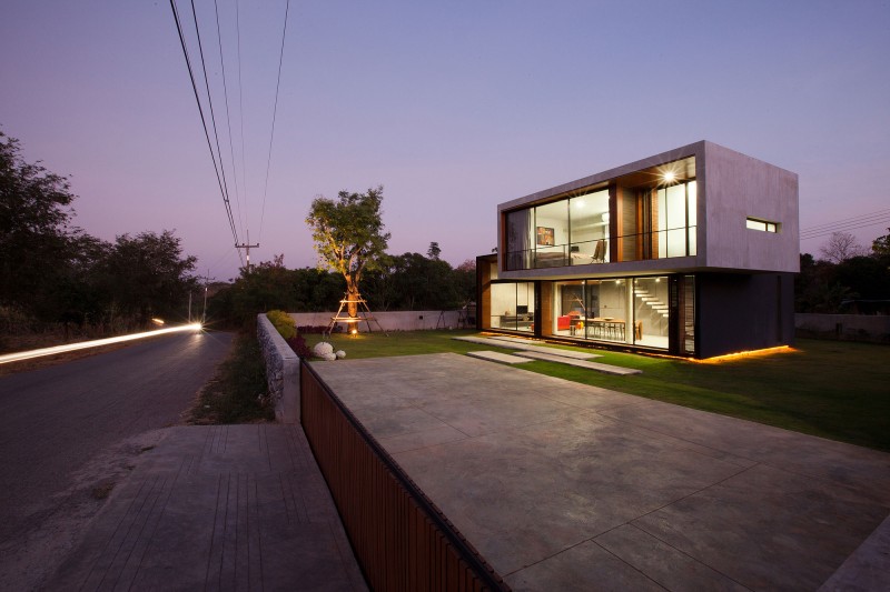 Modern W Compact Stunning Modern W House In Compact Shape With Spacious Green Yard Soft LED Light Concrete Path Rock Garden Wall Open Plan Interior Architecture Elegant Concrete Home With Spacious And Modern Style In Thailand