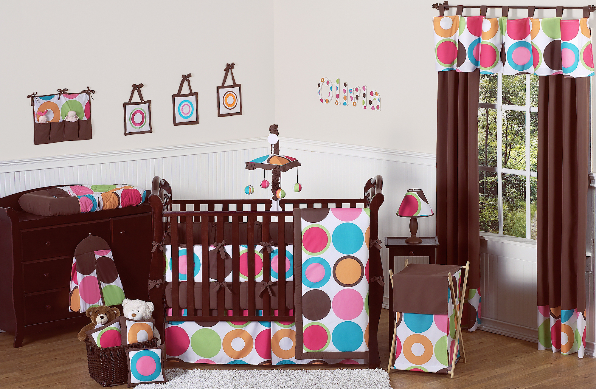 Polka Dot Crib Stunning Polka Dot Themed Modern Crib Bedding With Dark Brown Colored Crib Dresser Nightstand And Basket Kids Room  Inspirational Modern Crib Bedding With Lovely Color Combination