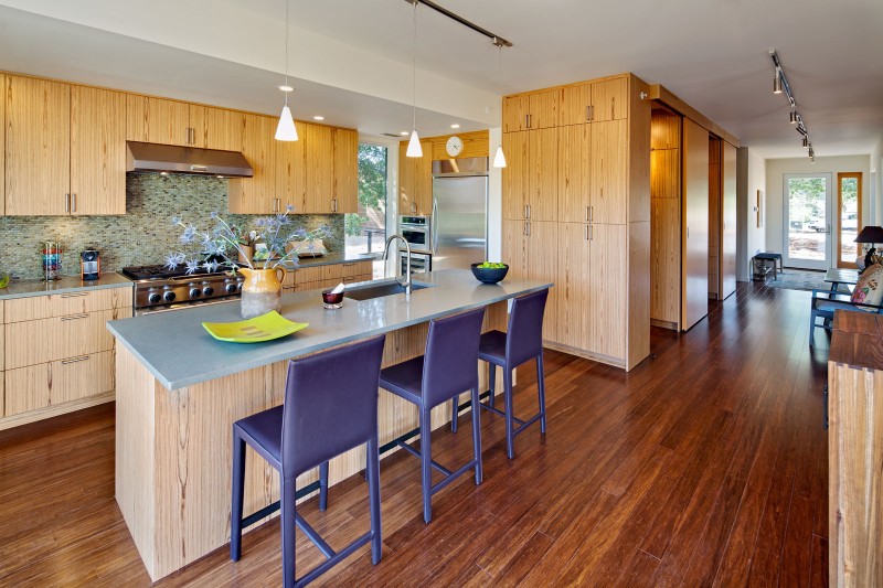 Purple Stools Complete Stunning Purple Stools Placed To Complete Island Inside Breeze House Open Kitchen Facing Nice Backsplash Area Architecture  Elegant Spacious Home With Wooden Material And Bright Interior Themes