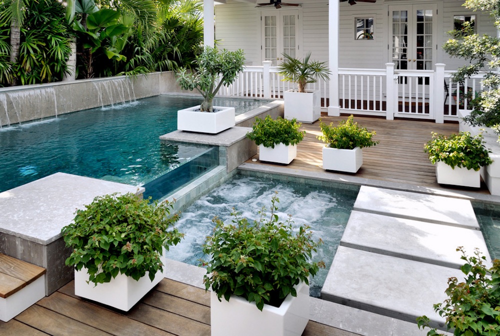 Swimming Pool Hot Stunning Swimming Pool Flowing Into Hot Tub At Small Backyard Decorated With Modern White Cube Planters Decoration Amazing Cool Swimming Pool Bringing Beautiful Exterior Style
