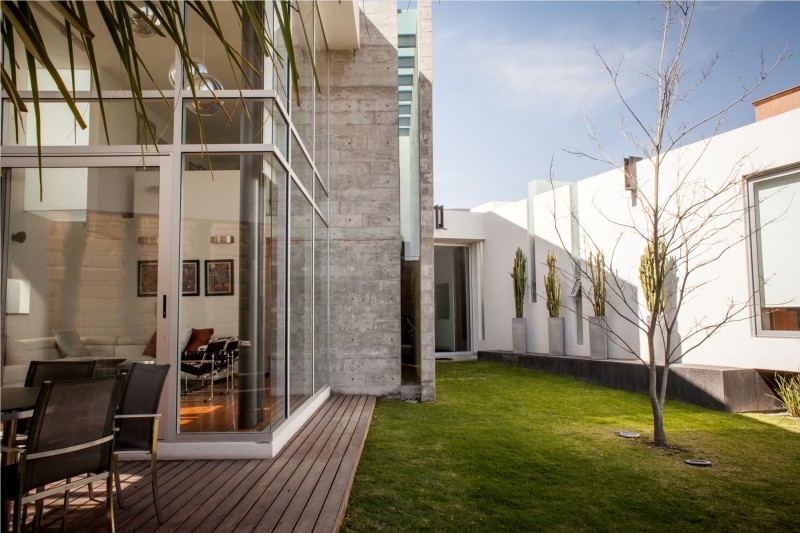 White Dry Green Stunning White Dry Tree On Green Large Turfs In Casa Villa De Loreto Residence Beside White Wooden Glass Windows  Spacious Modern Concrete House With Steel Frame And Glass Elements