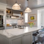 White Painted At Stunning White Painted Kitchen Cabinet At Transitional Kitchen Design With White Marble Countertop And Backsplash Kitchens Colorful Kitchen Cabinets For Eye Catching Paint Colors