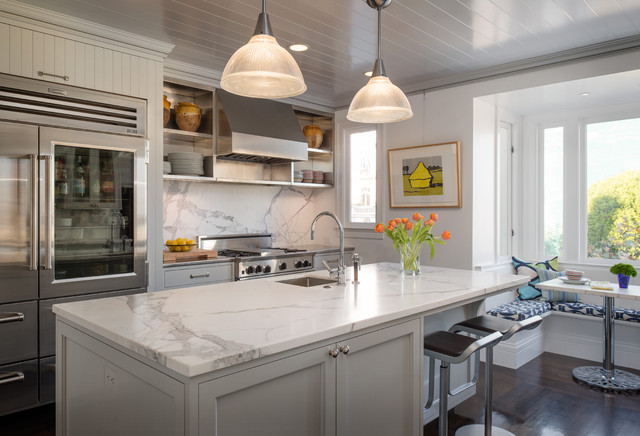 White Painted At Stunning White Painted Kitchen Cabinet At Transitional Kitchen Design With White Marble Countertop And Backsplash Kitchens  Colorful Kitchen Cabinets For Eye Catching Paint Colors