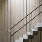 White Wooden And Stunning White Wooden Striped Wall And Ladder Frame Beside White Constructed Ladder And Iron Railing Inside Chimney House Architecture Elegant Chimney House With Striped Walls And Rectangular Floor Plans