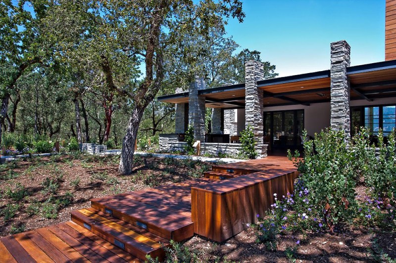 Woooden Deck Calistoga Stunning Wooden Deck Near The Calistoga Residence Terrace With Stone Pillars And Wooden Pergola Above It Decoration Extravagant Modern Home With Extraordinary Living Room And Roof Balcony