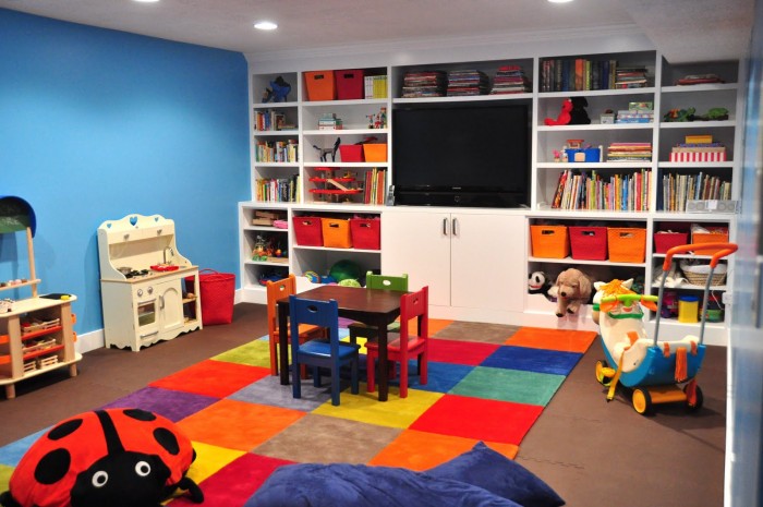 Patchwork Rug Multicolored Surprising Patchwork Rug Of Bright Multicolored Squares Built In Storage And Flat Screen TV Installed On Brown Floor Kids Room Cheerful Kid Playroom With Various Themes And Colorful Design