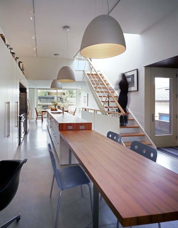 Wooden Staircase Island Terrific Wooden Staircase Beside Kitchen Island Using White Modular Pendant On White Ceiling Of Euclid Avenue House Decoration Amazing House Plant Decor With A Modern Taste In Urban Residence