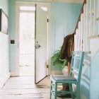 Worn Out Cyan Terrific Worn Out Foyer With Cyan Colored Wooden Chairs Installed On Wooden Striped Floor With White Potted Plants Decoration Creative Home Interior In Various Foyer Appearances
