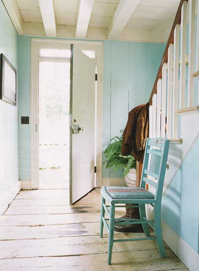 Worn Out Cyan Terrific Worn Out Foyer With Cyan Colored Wooden Chairs Installed On Wooden Striped Floor With White Potted Plants Decoration Creative Home Interior In Various Foyer Appearances