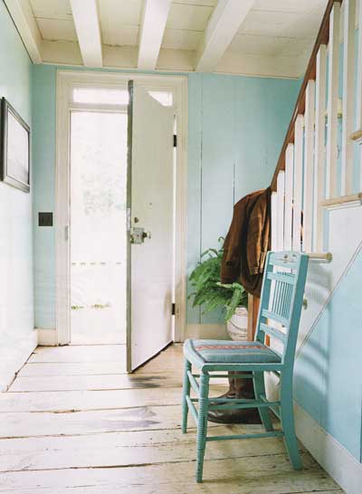 Worn Out Cyan Terrific Worn Out Foyer With Cyan Colored Wooden Chairs Installed On Wooden Striped Floor With White Potted Plants Decoration  Creative Home Interior In Various Foyer Appearances