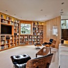 Wooden Bookshelves Calistoga Tidy Wooden Bookshelves In The Calistoga Residence Library With Black Lounge Chairs Near A Wooden Table Decoration Extravagant Modern Home With Extraordinary Living Room And Roof Balcony