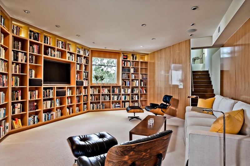 Wooden Bookshelves Calistoga Tidy Wooden Bookshelves In The Calistoga Residence Library With Black Lounge Chairs Near A Wooden Table Decoration Extravagant Modern Home With Extraordinary Living Room And Roof Balcony