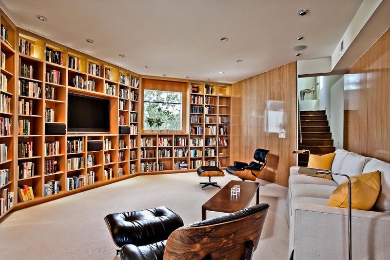 Wooden Bookshelves Calistoga Tidy Wooden Bookshelves In The Calistoga Residence Library With Black Lounge Chairs Near A Wooden Table Decoration  Extravagant Modern Home With Extraordinary Living Room And Roof Balcony