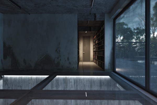 Narrowed Home To Tight Narrowed Home Indoor Corridor To Access Home Library And Unitary Room With Dim Lighting As Illumination Dream Homes Modern Industrial Interior Design With Exposed Ceiling And Structural Glass Floors