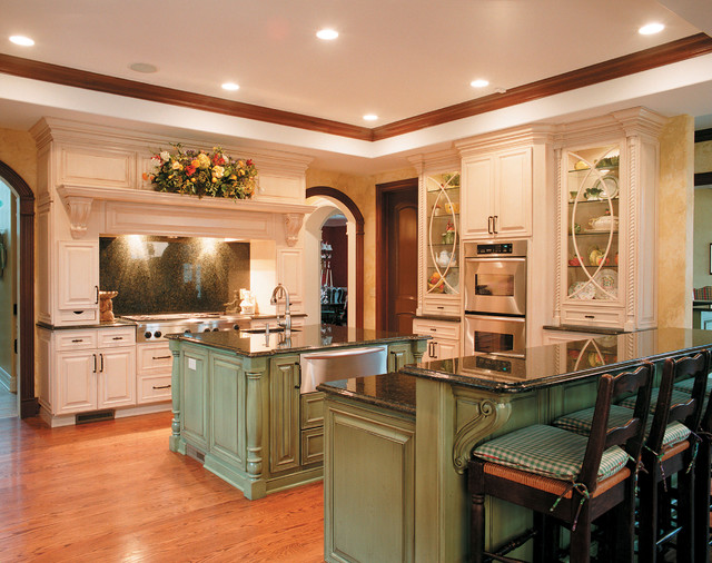 Kitchen Design Painted Traditional Kitchen Design With White Painted Kitchen Cabinet And Green Kitchen Island Also Wooden Floor And Granite Countertop Kitchens  Colorful Kitchen Cabinets For Eye Catching Paint Colors