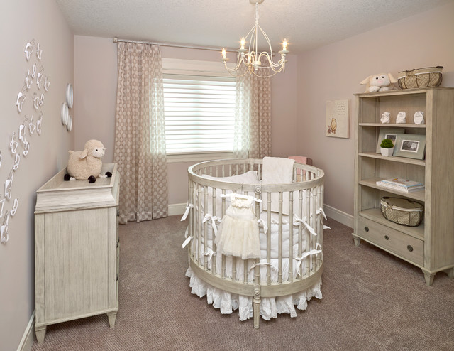 Grey And Baby Transitional Grey And Cream Themed Baby Nursery Idea Involving White Skirted Round Crib Placed On Center Kids Room Adorable Round Crib Decorated By Vintage Ornaments In Small Room
