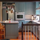 Kitchen Design Painted Transitional Kitchen Design With Grey Painted Kitchen Cabinet And Applied Open Storage Above The Small Kitchen Island Kitchens Colorful Kitchen Cabinets For Eye Catching Paint Colors