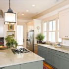 Kitchen With Grey Transitional Kitchen With White And Grey Kitchen Cupboards Paint Applied Granite Countertop And Cube Pendant Lamp Kitchens Fantastic Kitchen Cupboards Paint Ideas With Chic Cupboards Arrangements