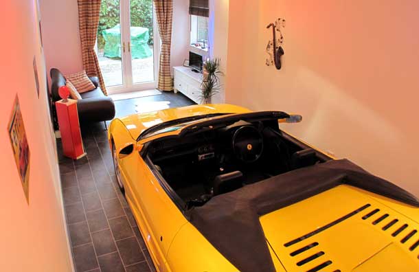 Car In Ferari Unique Car In Home Yellow Ferrari With Minimalist Garage Design Interior Used Concrete Tile Flooring And Peach Wall Color Dream Homes Fascinating Home With Modern Garage Plans For Urban People Living Space