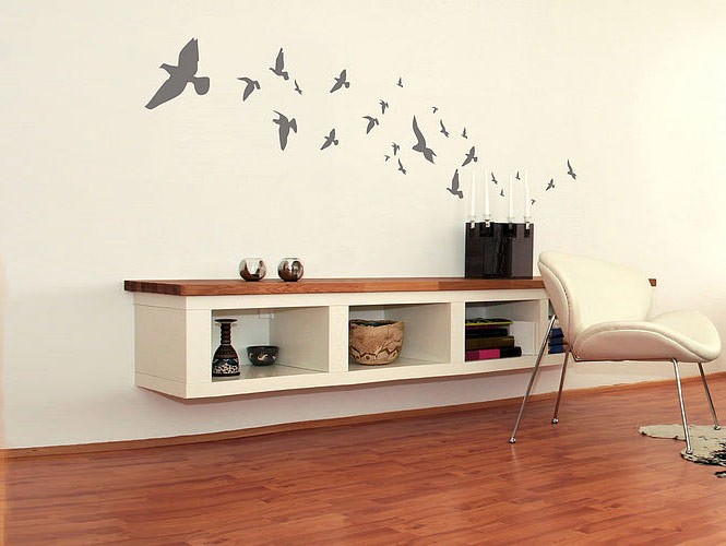 Wall Sticker Birds Unique Wall Sticker Flock Of Birds Decoration In Living Space Used Minimalist Modern Cabinet Furniture And Small Modern Chair Ideas Decoration Unique Wall Sticker Decor For Your Elegant Residence Interiors