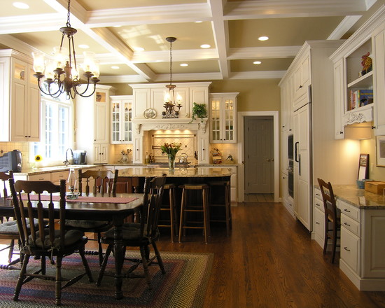 Kitchen Layout Chandelier Vintage Kitchen Layout With Classic Chandelier Above Kitchen Island And Dining Set Vintage White Kitchen Cabinet Wood Floor Artistic Painting Decoration Simple How To Design A Kitchen Layout With Some Lovely Concepts