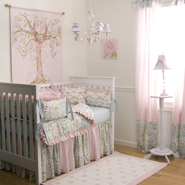 Styled Baby With Vintage Styled Baby Room Interior With Soft Blue And Pink Crib Bedding For Girls Decorated With Tree Painting Architecture Charming Crib Bedding For Girls With Girlish Atmosphere