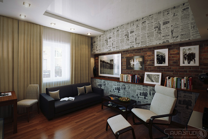 Sava Studio Interior Warm Sava Studio Home Office Interior Featured With Comfortable Seating Set With Cool Wall Unit Covered By Wallpaper  Fantastic Room Decorations To Make A Comfortable Living Space