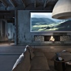 Projection Screen Minimalist Wide Projection Screen Installed Above Minimalist Fireplace With Firewood Storage As Private Home Cinema Idea Dream Homes Modern Industrial Interior Design With Exposed Ceiling And Structural Glass Floors (+18 New Images)