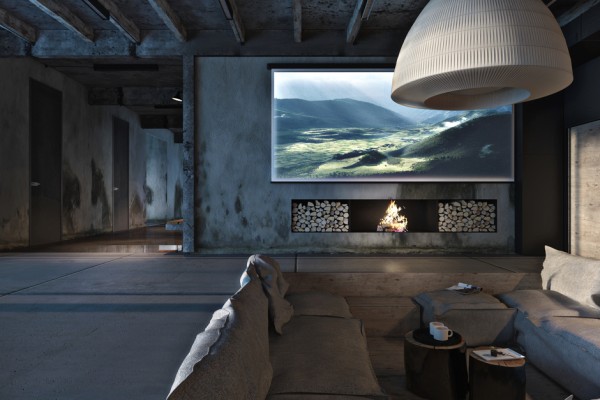 Projection Screen Minimalist Wide Projection Screen Installed Above Minimalist Fireplace With Firewood Storage As Private Home Cinema Idea Decoration Modern Industrial Interior Design With Exposed Ceiling And Structural Glass Floors