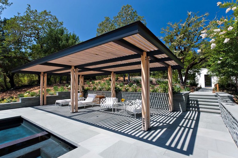 Wooden Pergola Calistoga Wide Wooden Pergola In The Calistoga Residence Poolside With White Beach Chairs On The Grey Floor Decoration  Extravagant Modern Home With Extraordinary Living Room And Roof Balcony