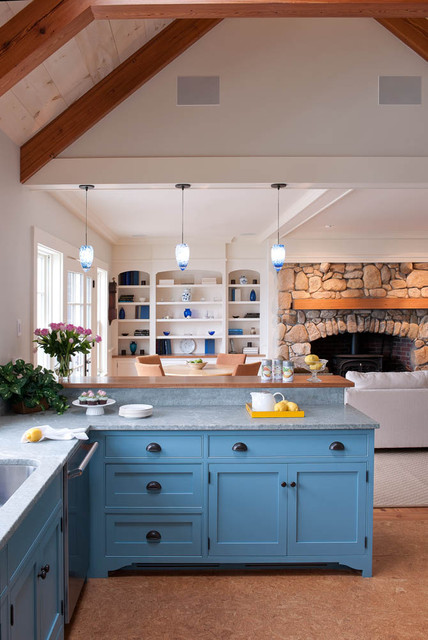 Beach Style With Wonderful Beach Style Kitchen Design With Blue Painted Kitchen Cabinet And Granite Countertop Also Beams Ceiling  Colorful Kitchen Cabinets For Eye Catching Paint Colors