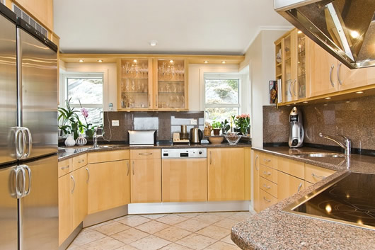 Luxurious Kitchen Calm Wooden Luxurious Kitchen Cabinet Display Calm Countryside Villa In Torslanda With Granite Backsplash And Countertop Combination Fireplace  Stunning Modern Countryside Home Applying Rustic Style