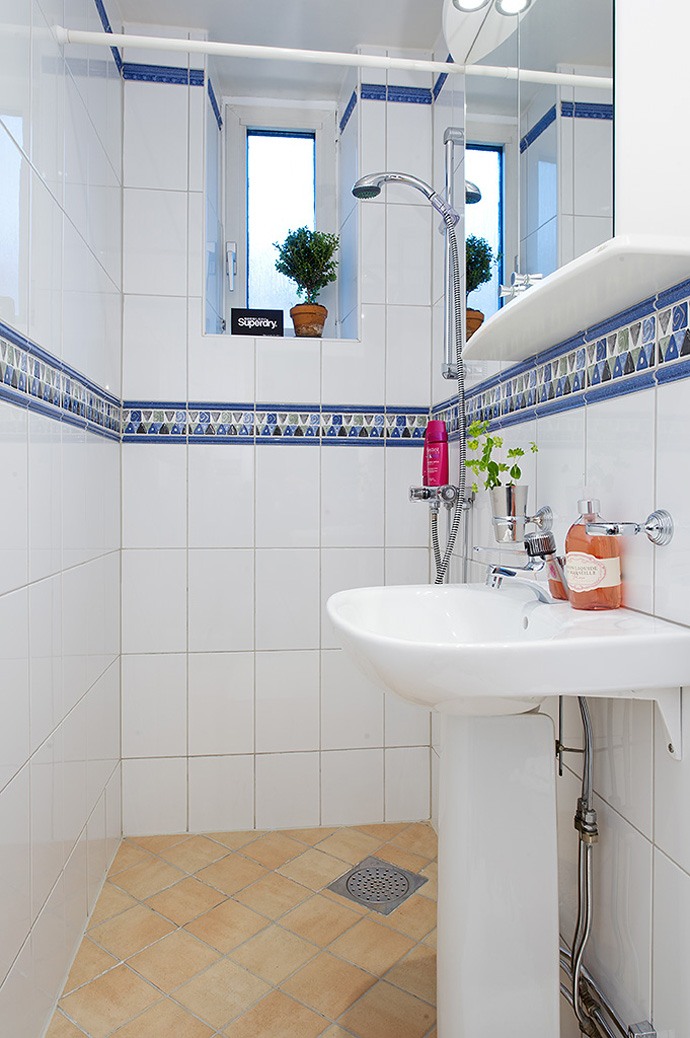 Swedish Apartment White Airy Swedish Apartment Bathroom In White With Blue Porcelain Detail On Center Featured With Mini Ventilation Interior Design Cozy Scandinavian House Interior With Bright Decoration Style