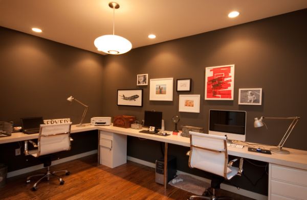 Brown Interior And Amazing Brown Interior With Clean And Elegant Home Office In Dark Colors And Light Decor With L Shaped White Desk And White Chairs Office & Workspace  Elegant And Modern Home Office Design For A Stylish Working Space