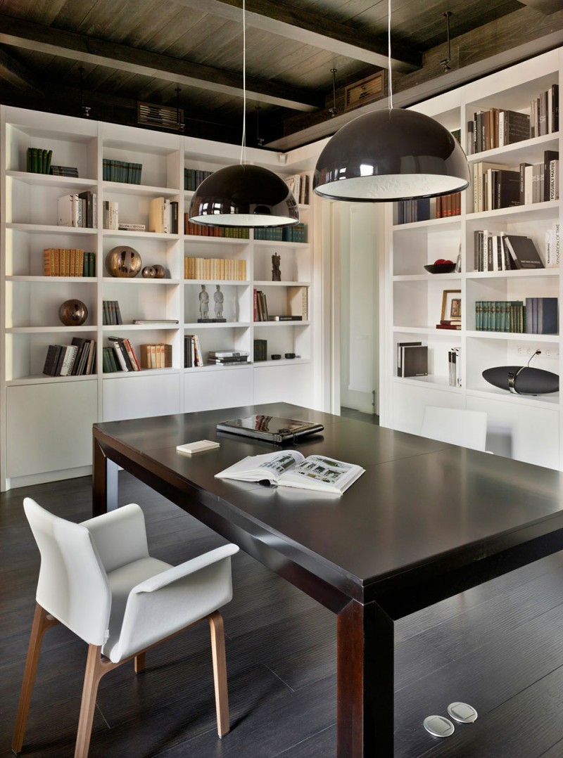 Reading Area Apartment Amazing Reading Area In The Apartment Renovation In Moscow With Wooden Table And White Chair Under Black Lamps Interior Design Elegant Contemporary Ideas For Interior Of Modern Studio Flat In Red And White Color