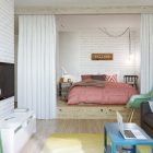 Bedroom Design Apartment Amusing Bedroom Design Of Compact Apartment Moscow With Dark Pink Colored Bed Linen Several Colorful Pillows And Soft Brown Wooden Floor Dream Homes Elegant Colorful Interior Design Displaying A Vibrant Pastel Colors