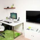 Interior Design Workspace Astounding Interior Design With Functional Workspace Including Flat Screen On The White Wall Also A PC Unit On The White Desk Also A Swivel Chair Office & Workspace Stunning Cool Workspace Designs For Your Cozy Office Room
