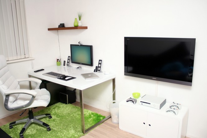 Interior Design Workspace Astounding Interior Design With Functional Workspace Including Flat Screen On The White Wall Also A PC Unit On The White Desk Also A Swivel Chair Office & Workspace  Stunning Cool Workspace Designs For Your Cozy Office Room