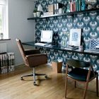 Wall Patterned Cozy Astounding Wall Pattern Design With Cozy Home Office In Bright Blue And With Ample Space And Black Computer Desk In Floating Style Office & Workspace Elegant And Modern Home Office Design For A Stylish Working Space