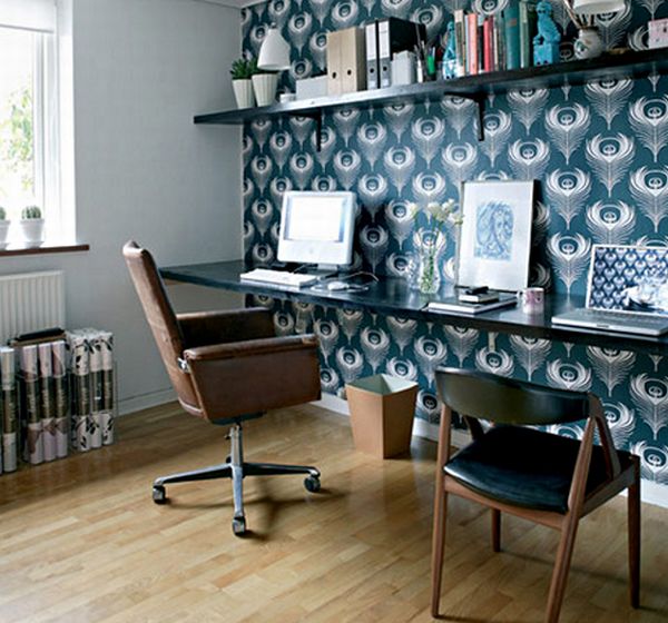 Wall Patterned Cozy Astounding Wall Pattern Design With Cozy Home Office In Bright Blue And With Ample Space And Black Computer Desk In Floating Style Office & Workspace  Elegant And Modern Home Office Design For A Stylish Working Space