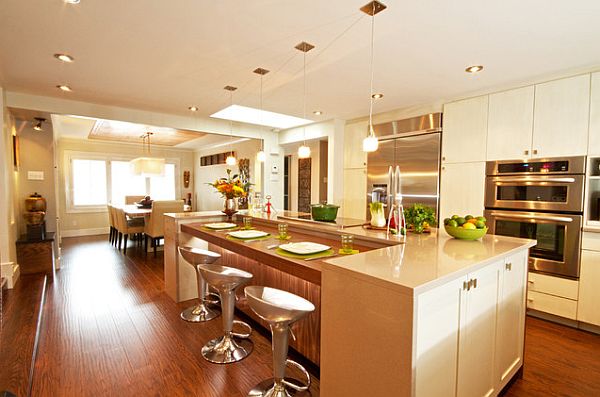 Laminate Floors Kitchen Attractive Laminate Floors In The Kitchen Decorating Ideas With Shiny Cream Kitchen Islands And Cabinetry Included Stainless Steel Bar Stools Interior Design  Dazzling Wooden Floor Design For Shiny And Eco Friendly Interior