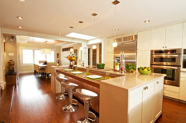 Laminate Floors Kitchen Attractive Laminate Floors In The Kitchen Decorating Ideas With Shiny Cream Kitchen Islands And Cabinetry Included Stainless Steel Bar Stools Interior Design Dazzling Wooden Floor Design For Shiny And Eco Friendly Interior