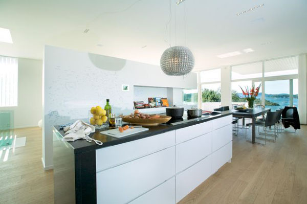 White Black With Attractive White Black Kitchen Island With Modular Pendant On White Ceiling Of Villa G By Saunders Architecture And Fruits Bowl On It Hotels & Resorts  Extraordinary Modern Villa Style With Dynamic Indoor Outdoors