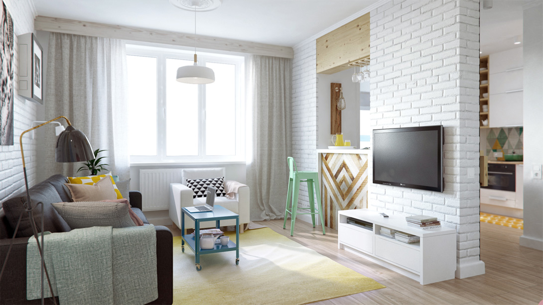 Family Room Compact Awesome Family Room Design Of Compact Apartment Moscow With Soft Yellow Colored Floor Mat And Wide Black LCD Screen Dream Homes Elegant Colorful Interior Design Displaying A Vibrant Pastel Colors