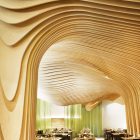 Cream Themed Restaurant Beautiful Cream Themed BNQ CP Restaurant Interior Displaying Light Green Accent On Floor Length Window Dressing Restaurant Wonderful Modern Restaurant With Wooden Decoration Themes