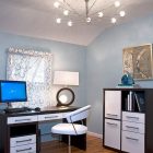 Light Blue Attractive Beautiful Light Blue Room With Attractive And Bright Modern Office Space With Plenty Of Storage Space And Futuristic Sputnik Chandelier Office & Workspace Elegant And Modern Home Office Design For A Stylish Working Space
