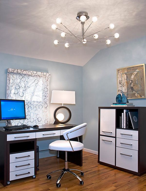 Light Blue Attractive Beautiful Light Blue Room With Attractive And Bright Modern Office Space With Plenty Of Storage Space And Futuristic Sputnik Chandelier Office & Workspace  Elegant And Modern Home Office Design For A Stylish Working Space