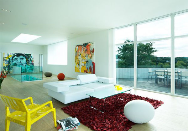 Colored Rug Painting Brave Colored Rug With Red Painting On Wood Glossy Floor Of Villa G By Saunders Architecture On Contemporary Living Room Hotels & Resorts Extraordinary Modern Villa Style With Dynamic Indoor Outdoors
